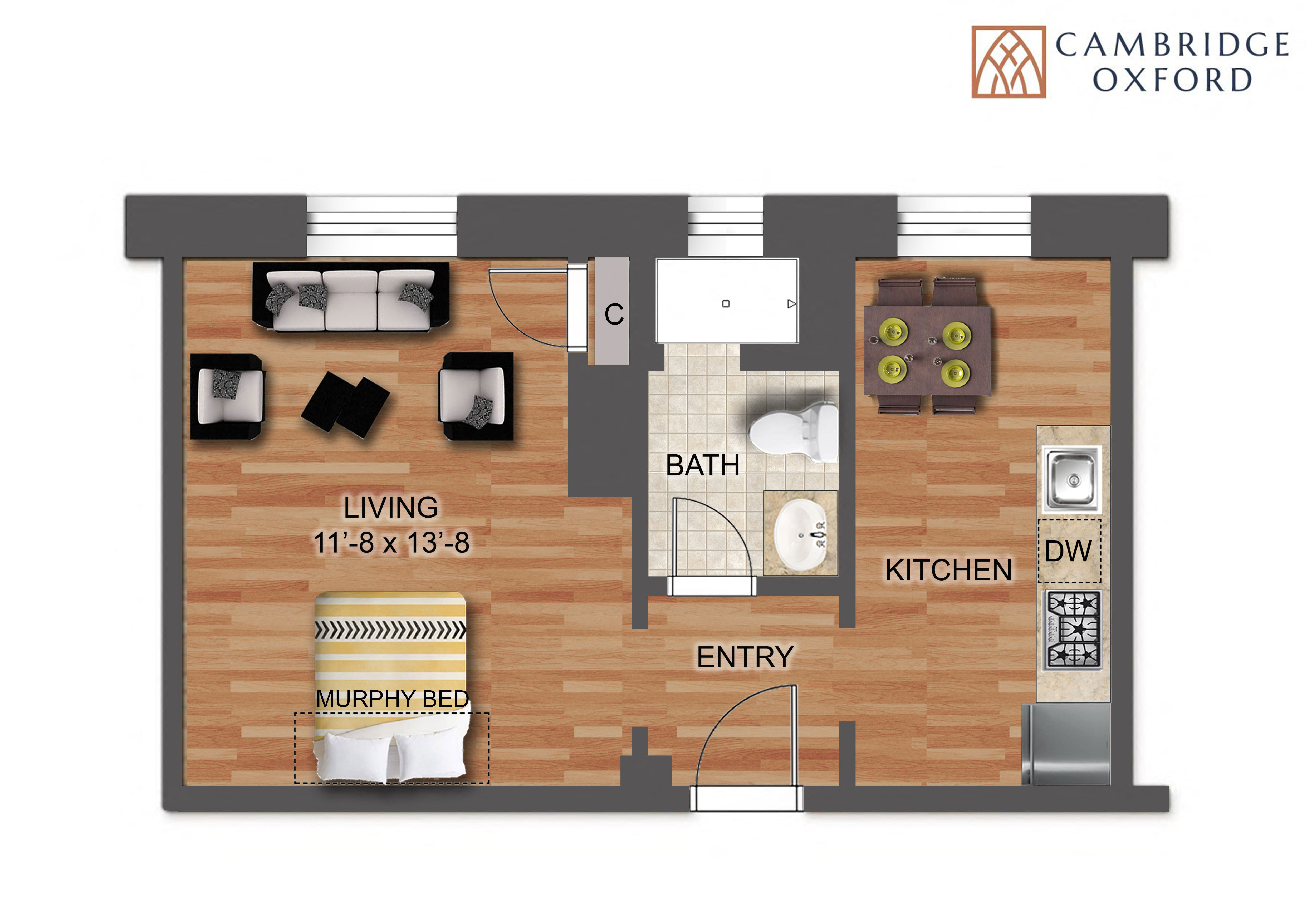 Floor plan for studio, 1 bath, 350 sqft